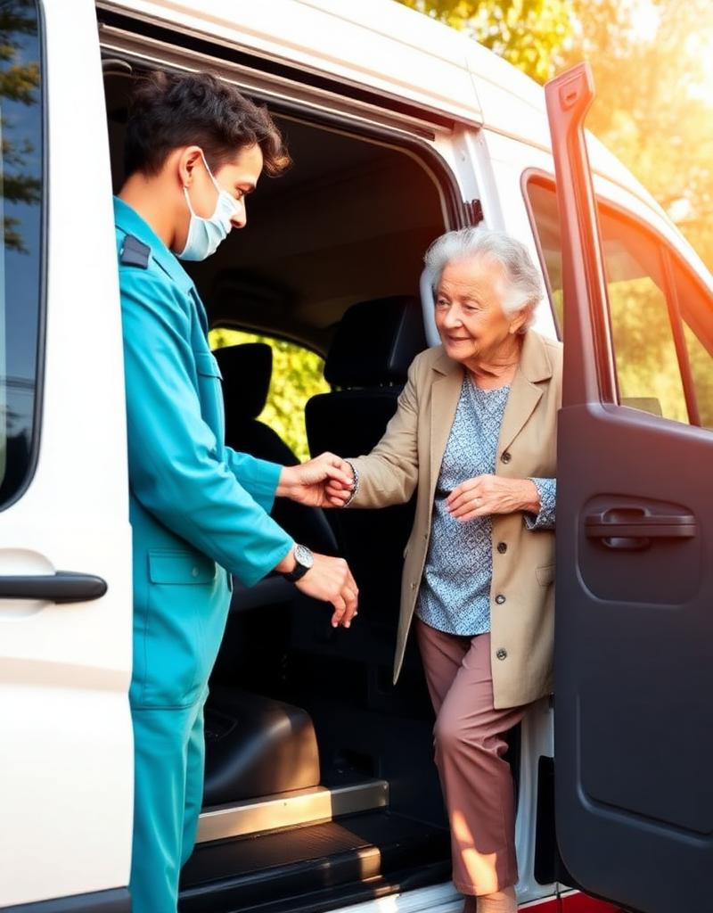 Driver assisting an elderly passenger into a transport vehicle