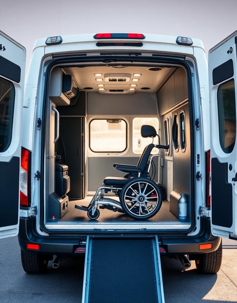 Wheelchair-accessible medical transport van with rear hydraulic lift